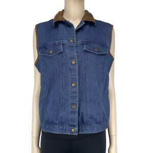 VINTAGE R&R Denim Faux Suede Brown Collar Blue Jeans Vest Size M (10-12)